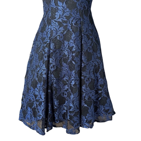 Nightway Celestial Navy Lace Overlay Fit Flare Dress 4 Sleeveless Party Cocktail - Picture 5 of 8
